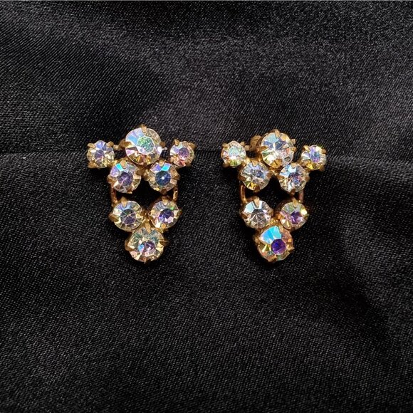 Vintage 1960s Austria Signed Aurora Borealis Rhinestone Clip-On Earrings - Picture 1 of 4